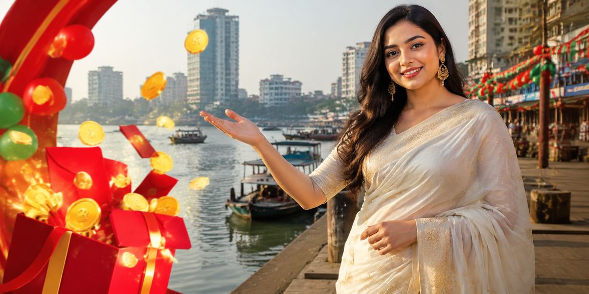 নারায়ণগঞ্জে শাড়ি পরিহিতা নারী রেড এনভেলপ বোনাস উপভোগ করছেন